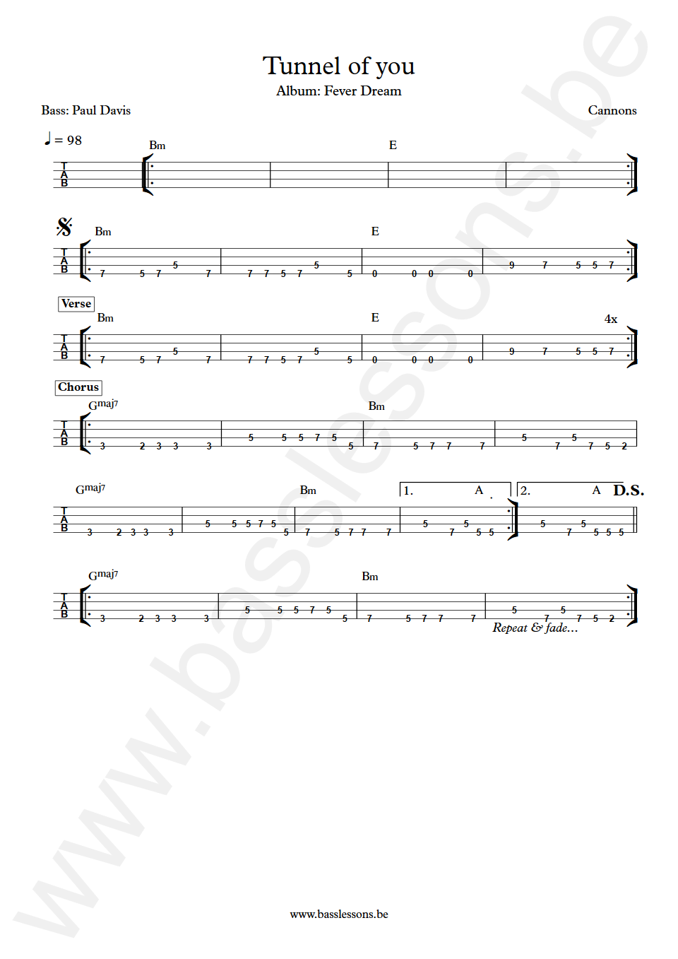 Cannons Tunnel of you Paul Davis Bass Tab