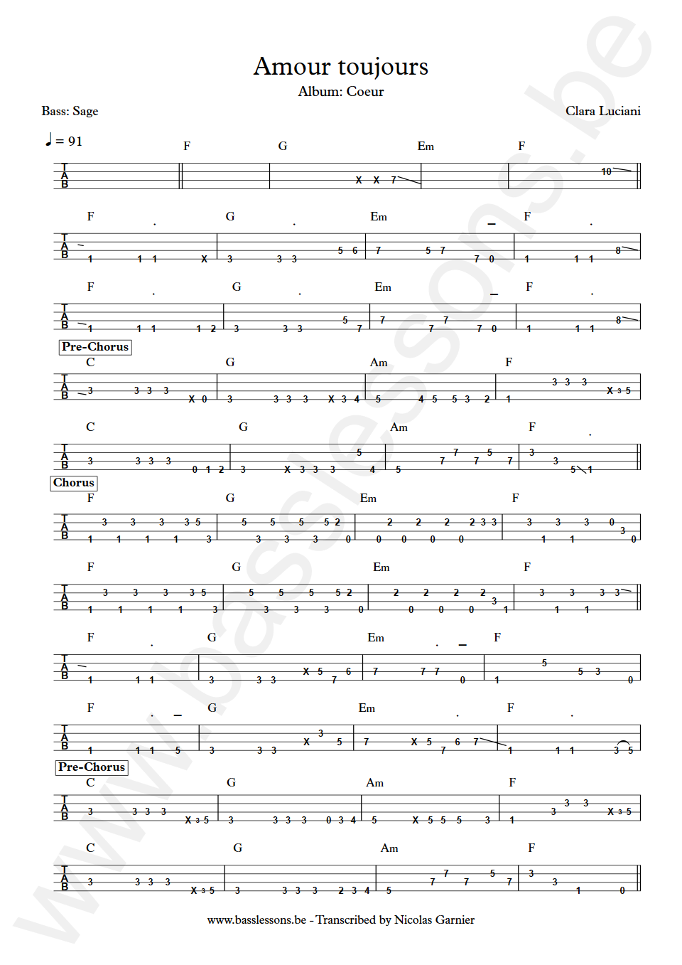 Clara Luciani Amour toujours Laurent Vernerey Bass Tab