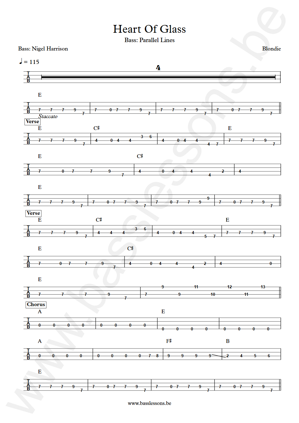 Blondie  Heart Of Glass Nigel Harrison Bass Tab
