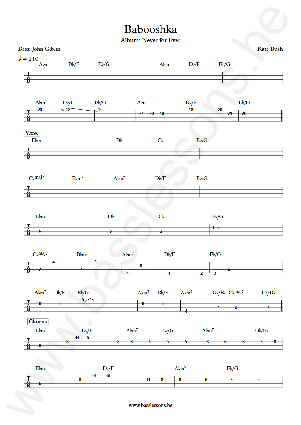 Kate Bush Babooshka John Giblin Bass Tab