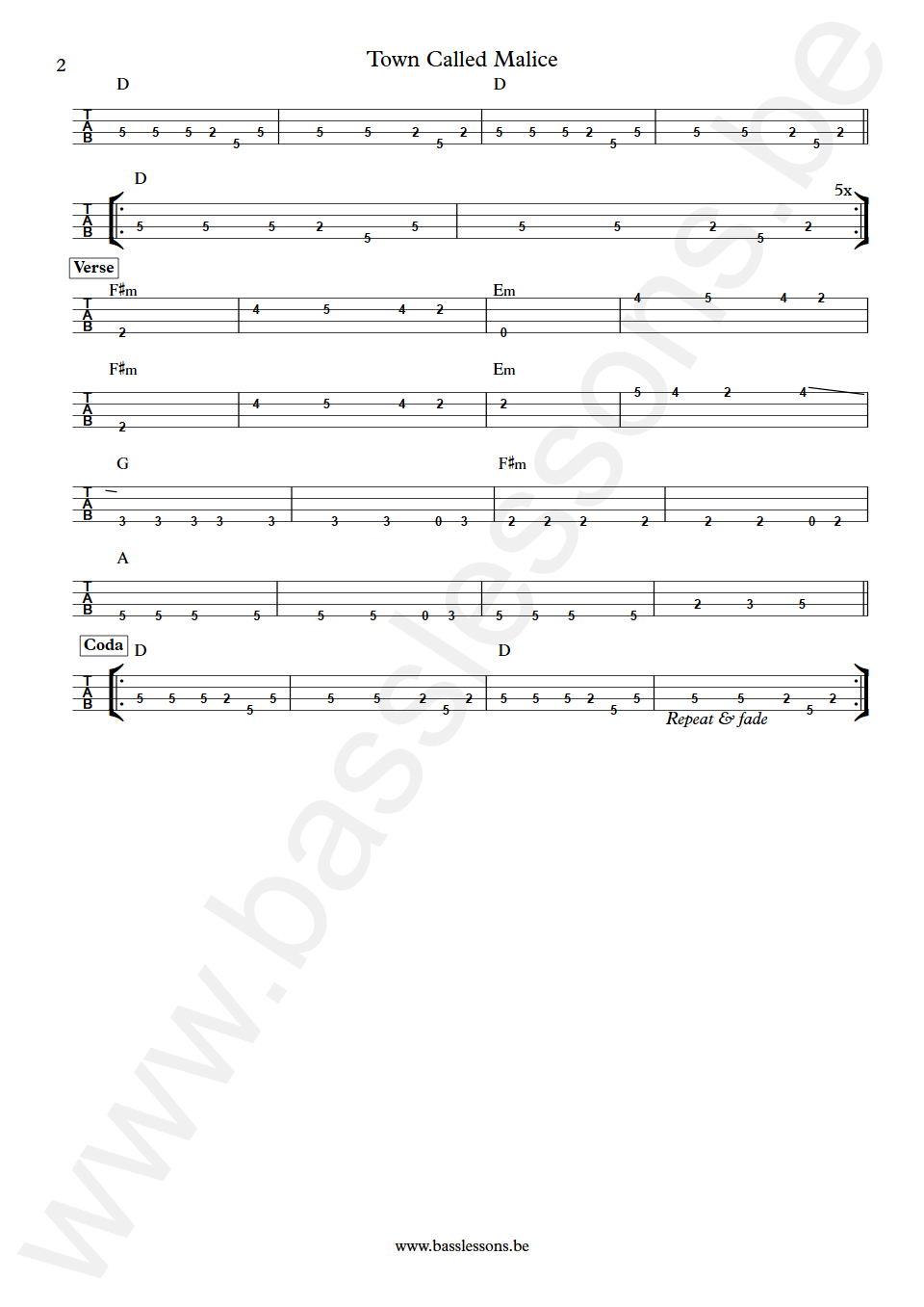 The Jam Town Called Malice Bruce Foxton Bass Tab part 2