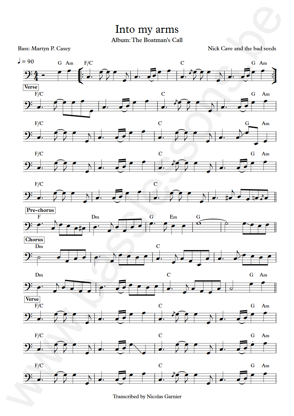 Nick Cave and the bad seeds Into my arms Martyn P. Casey Bass Transcription