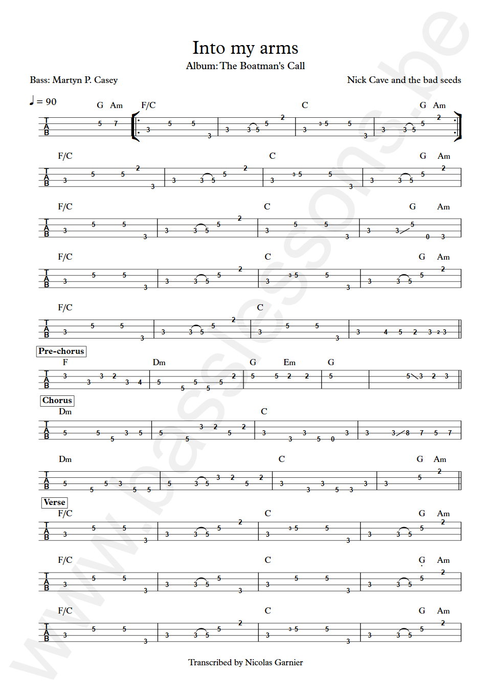 Nick Cave and the bad seeds Into my arms Martyn P. Casey Bass Tab