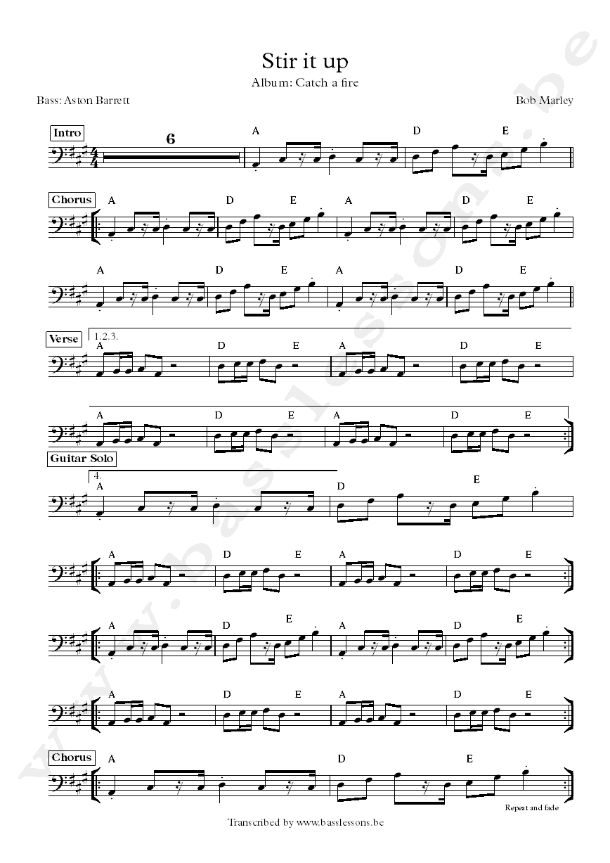 Bob Marley Stir it up Aston Barrett bass transcription