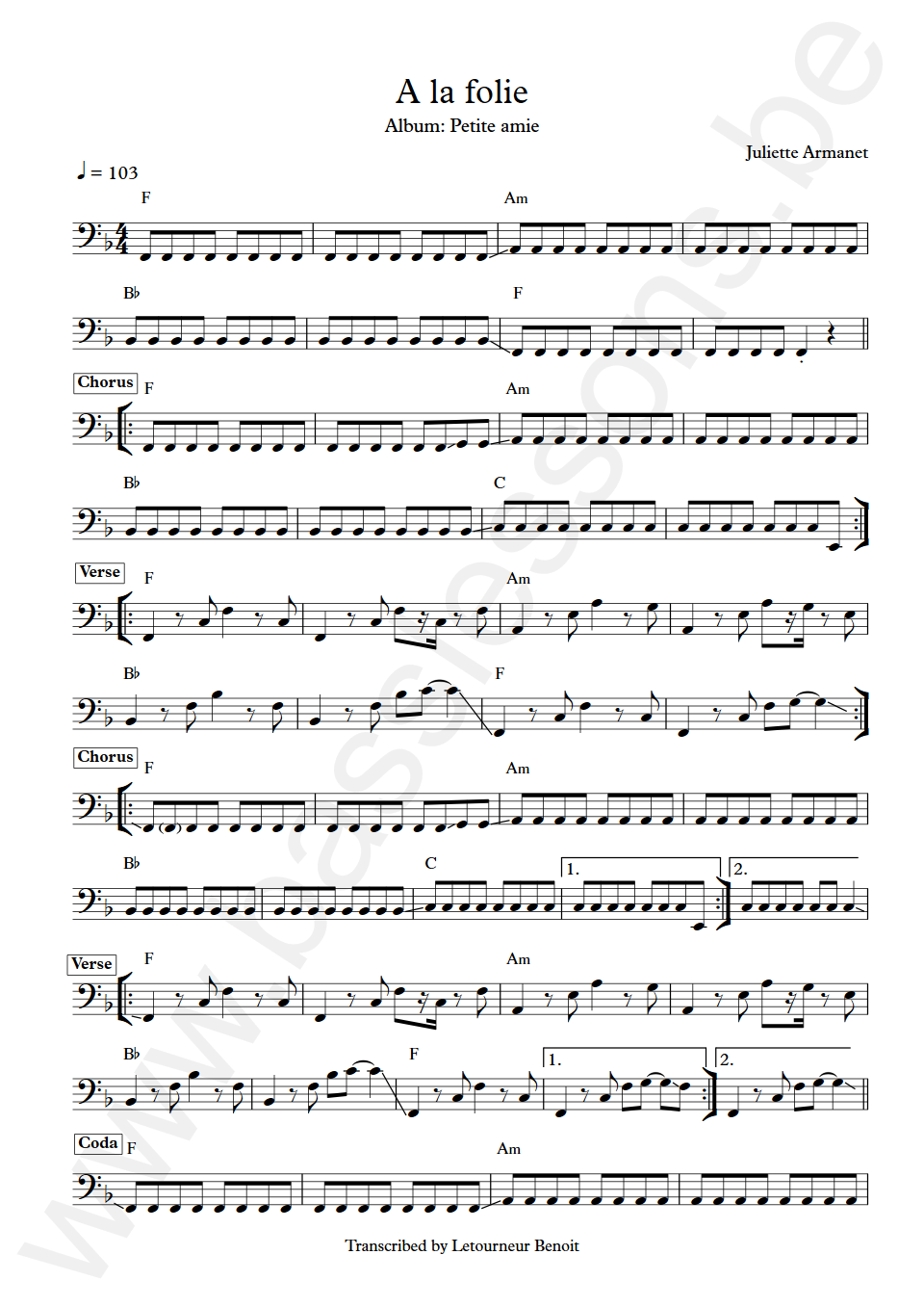 Juliette Armanet A la folie Bass Transcription