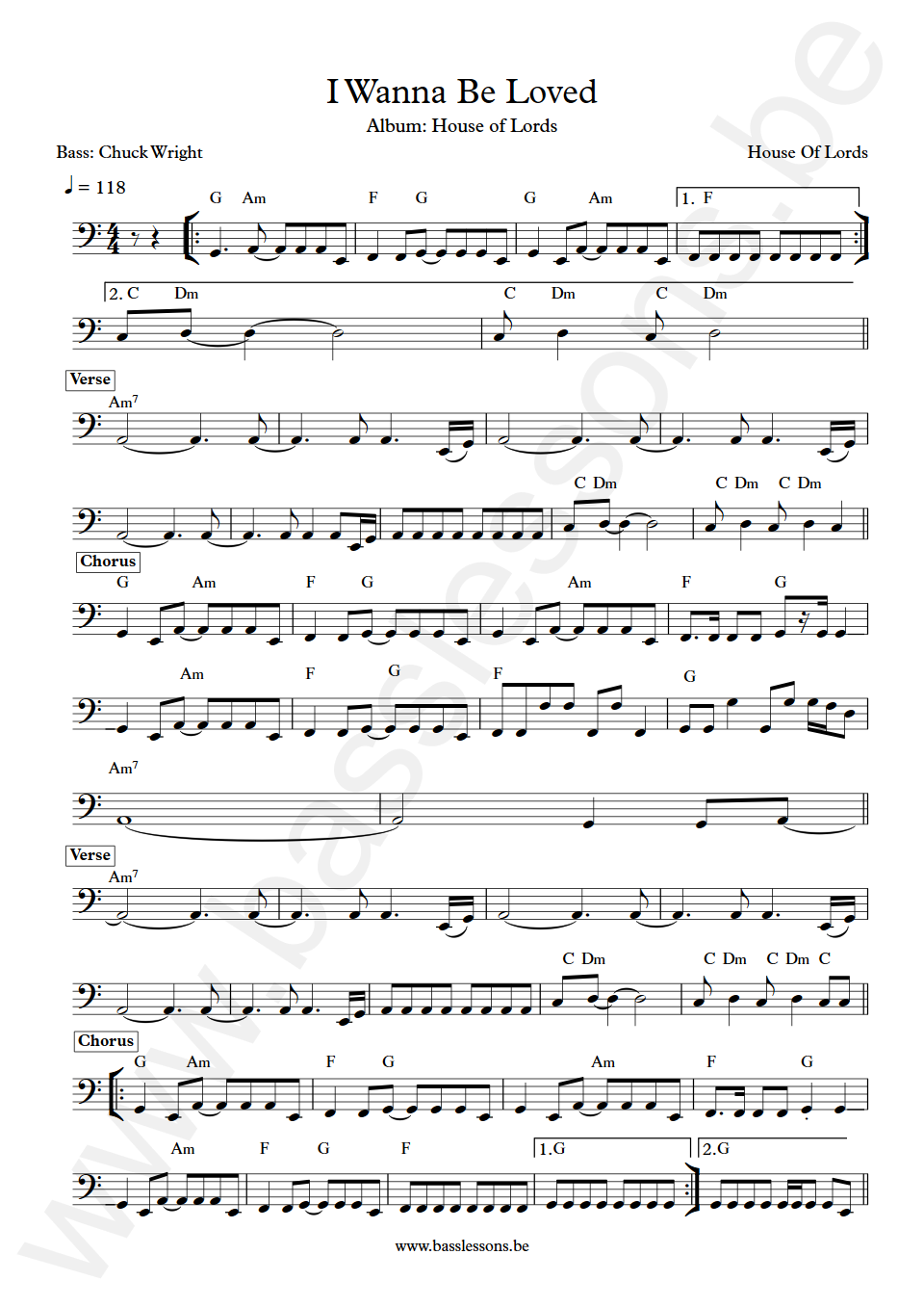 House Of Lords I Wanna Be Loved Chuck Wright Bass Transcription