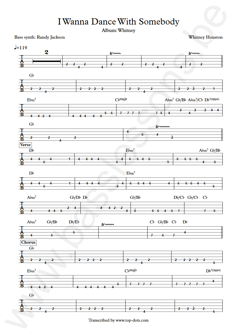 Whitney Houston I Wanna Dance With Somebody Randy Jackson Bass Tab