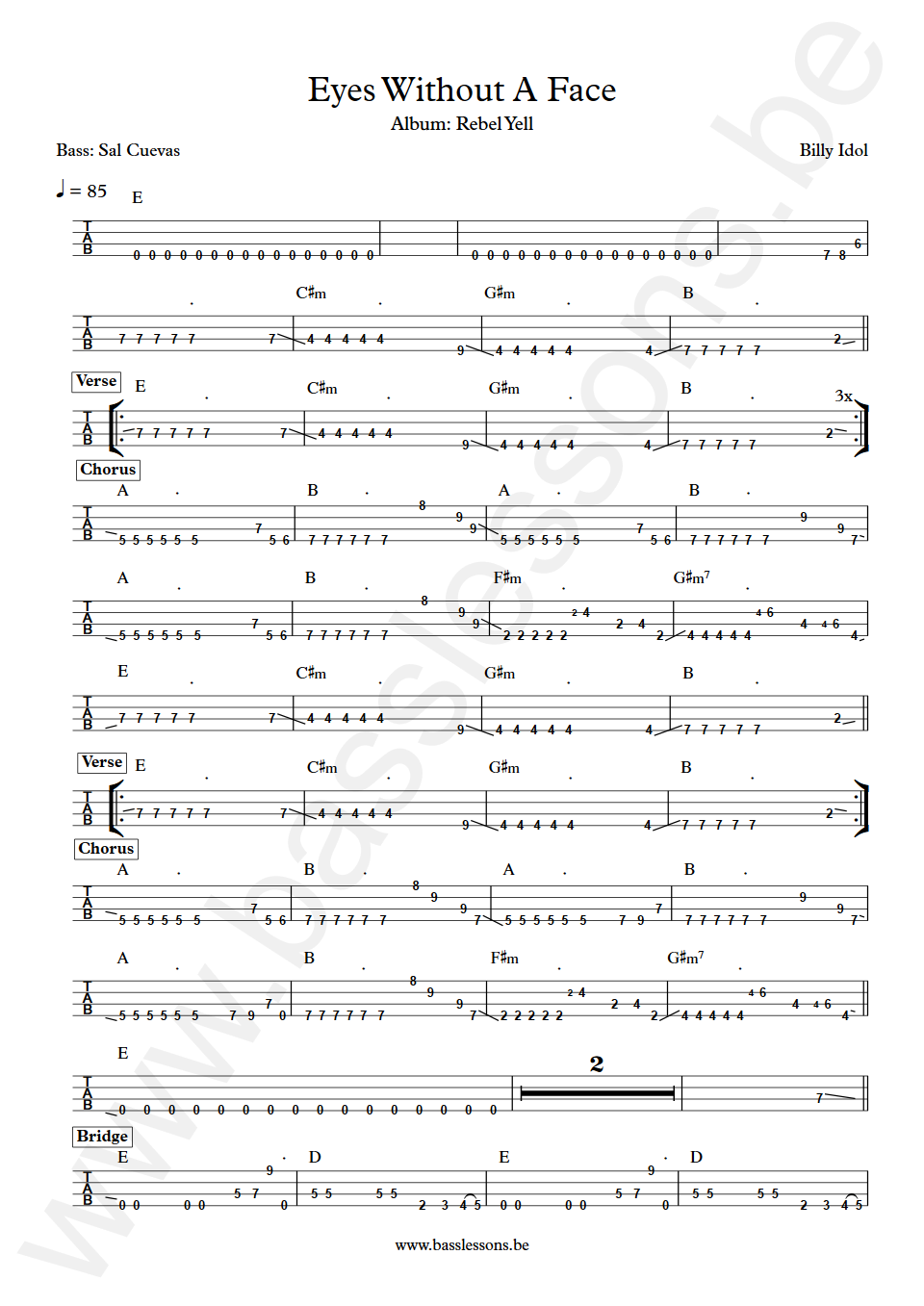 Billy Idol Eyes Without A Face Sal Cuevas Bass Tab