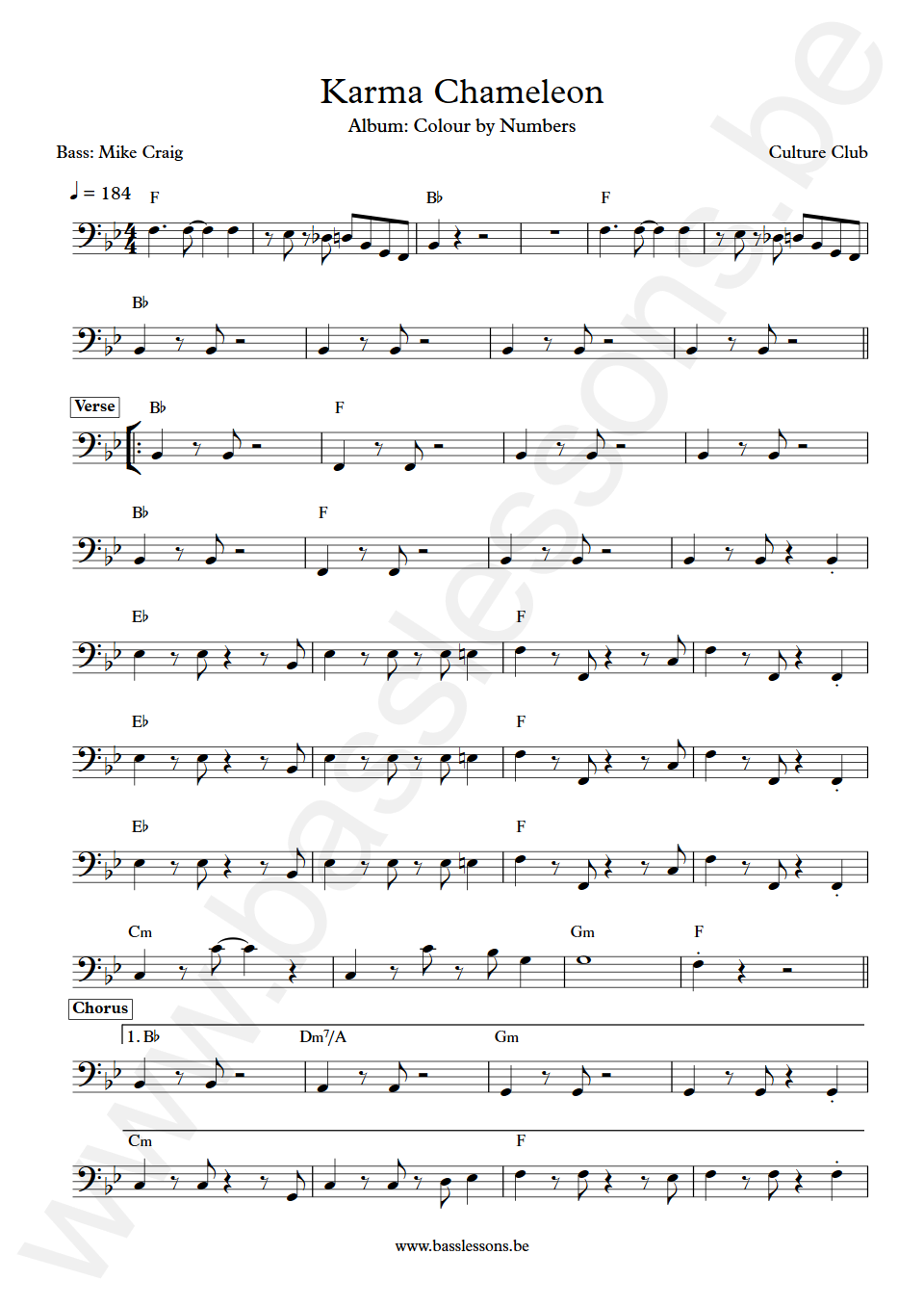 Culture Club Karma Chameleon Mike Craig Bass Transcription