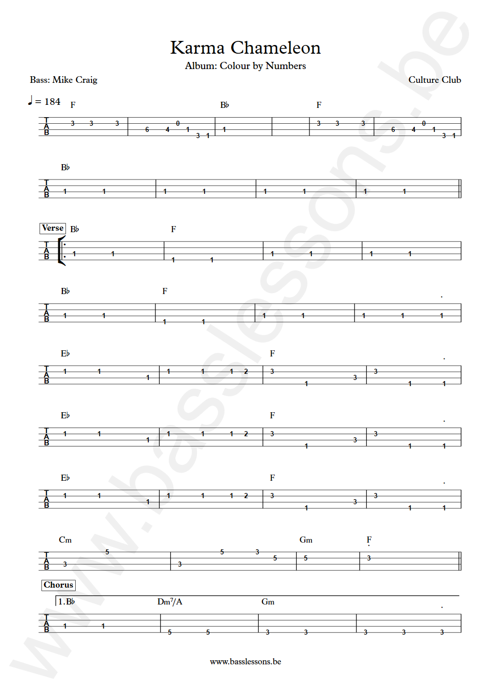 Culture Club Karma Chameleon Mike Craig Bass Tab