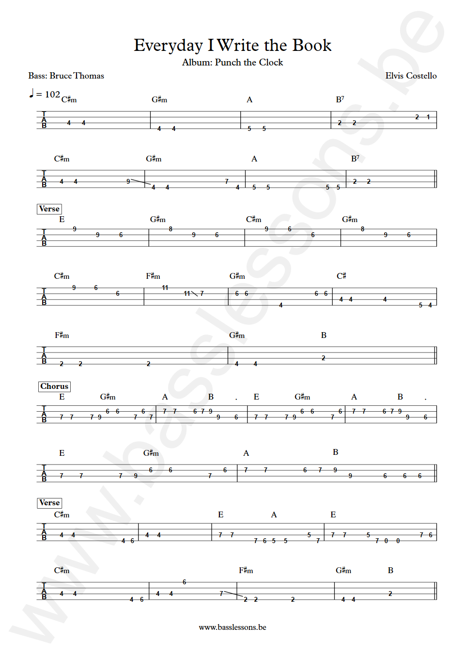 Elvis Costello Everyday I Write the Book Bruce Thomas Bass Tab