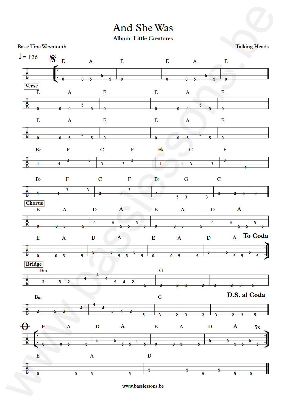 Talking Heads And She Was Tina Weymouth Bass Tab