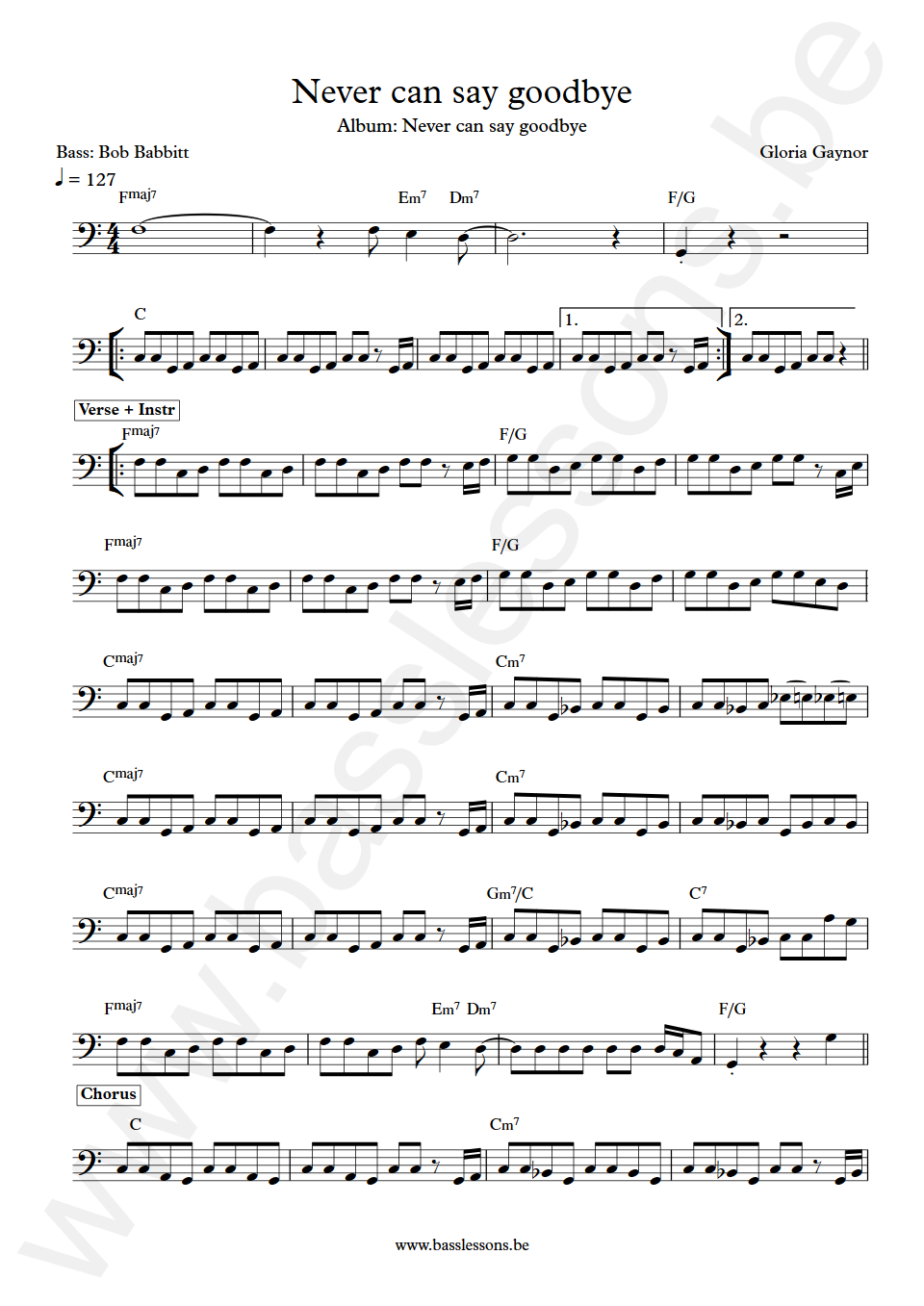 Gloria Gaynor Never can say goodbye Bob Babbitt  Bass Transcription