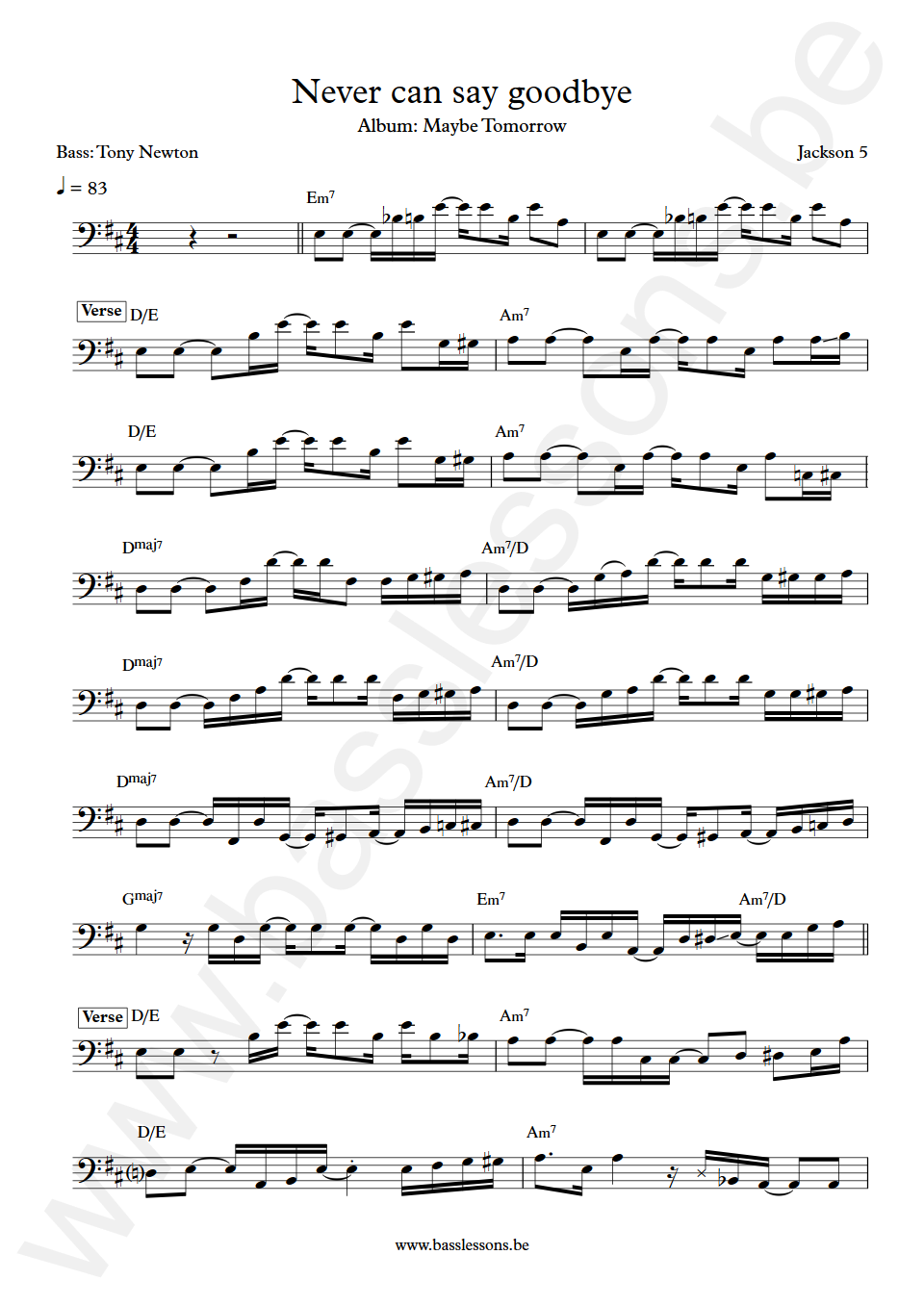 Jackson 5 Never can say goodbye James Jamerson Bass Transcription