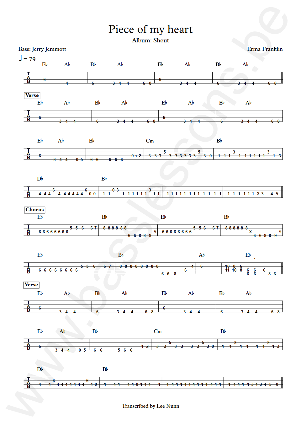 Erma Franklin Piece of my heart Jerry Jemmott Bass Tab