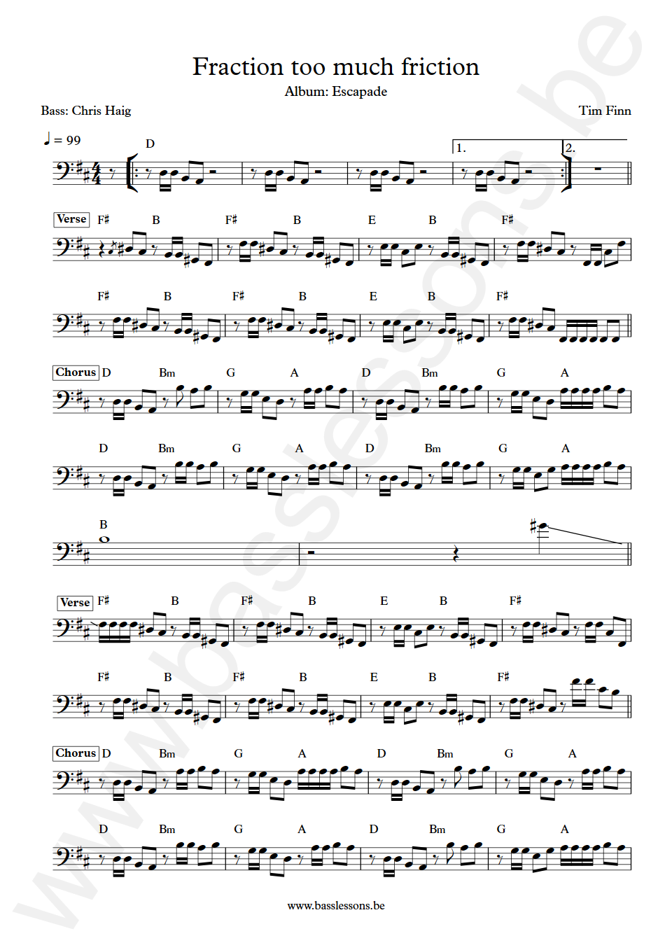 Tim Finn Fraction too much friction Chris Haig Bass Transcription