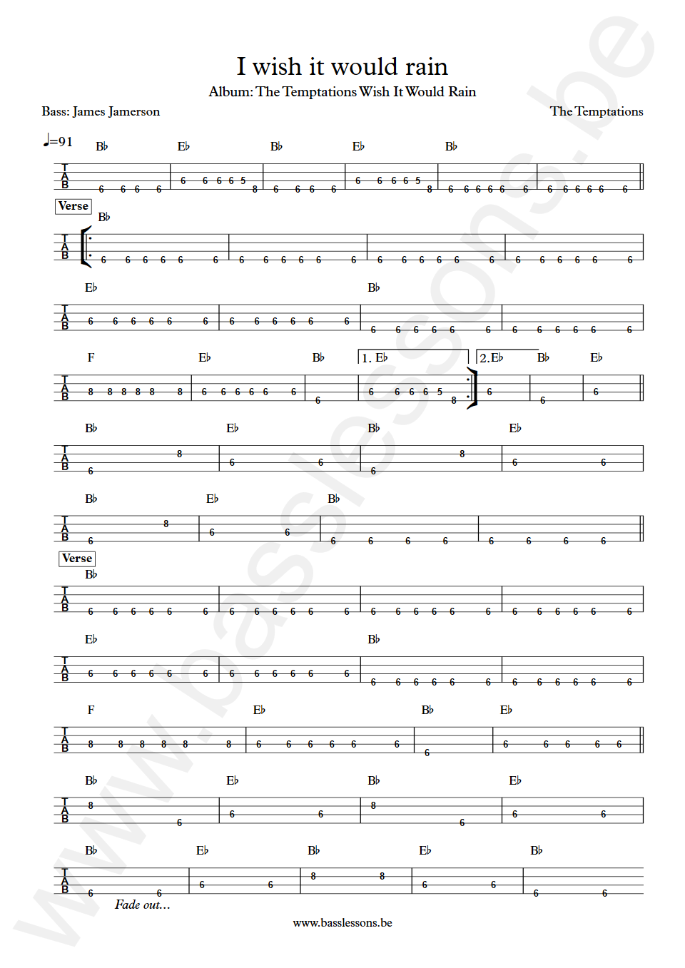 The Temptations I wish it would rain James Jamerson Bass Tab