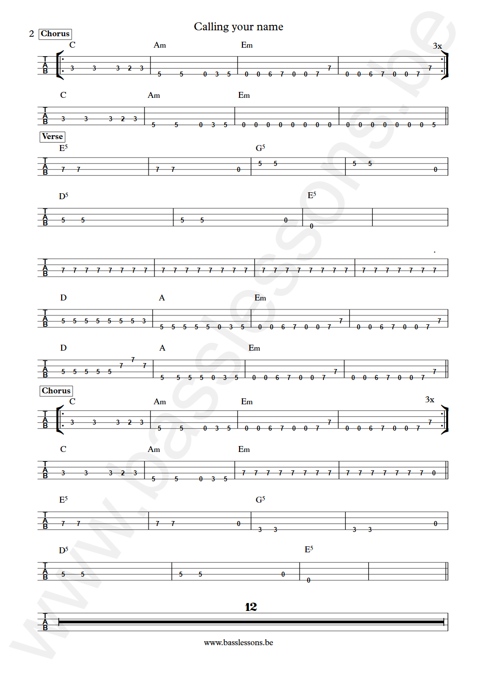 Simple Minds Calling your name Derek Forbes Bass Tab part 2