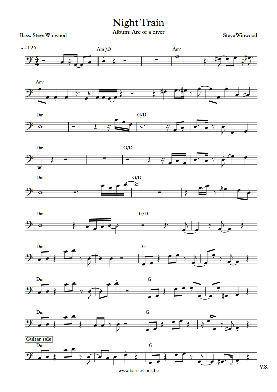 Steve Winwood night train bass transcription