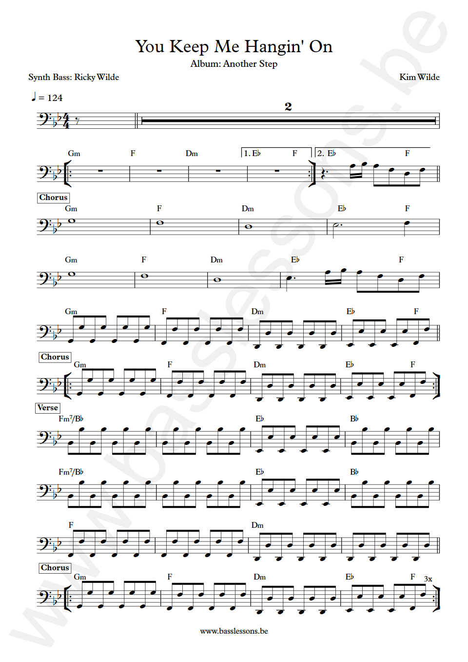 Kim Wilde You Keep Me Hangin' On Ricky Wilde Bass Transcription