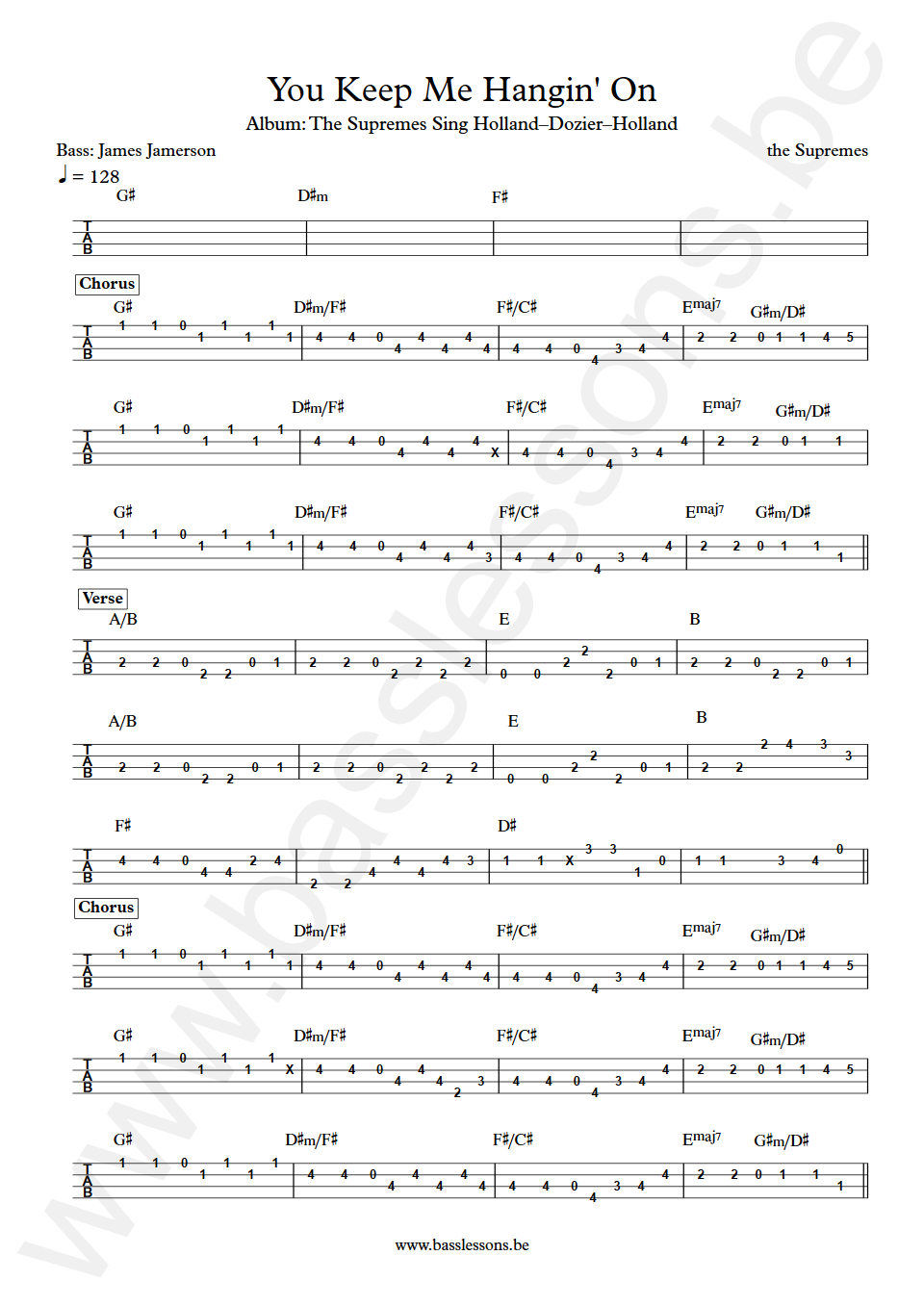 The Supremes You Keep Me Hangin' On James Jamerson Bass Tab