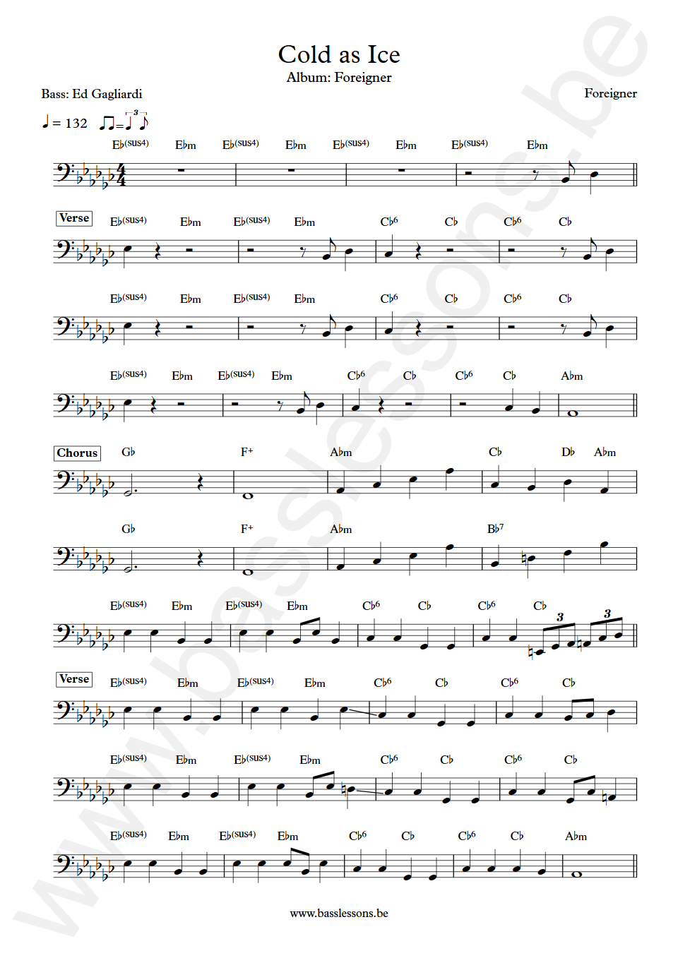 Foreigner Cold as Ice Ed Gagliardi Bass Transcription