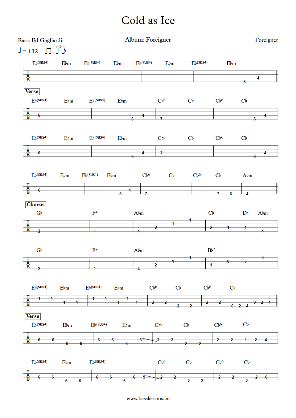 Foreigner Cold as Ice Ed Gagliardi Bass Tab