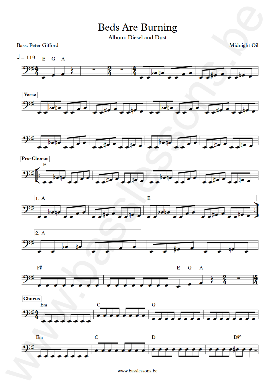 Midnight Oil Beds Are Burning Peter Gifford Bass Transcription