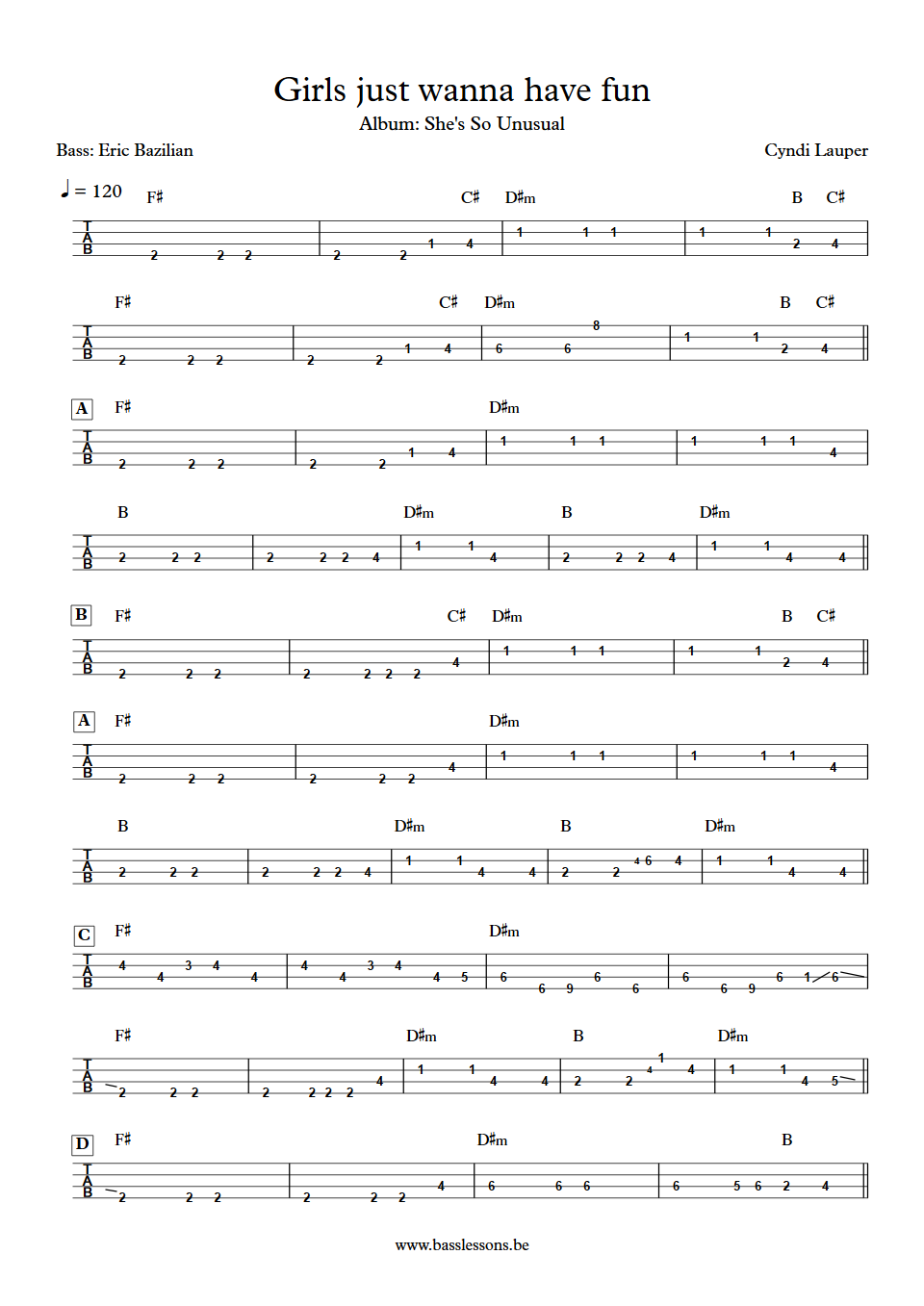 Cindy Lauper Girls just wanna have fun Eric Bazilian Bass Tab