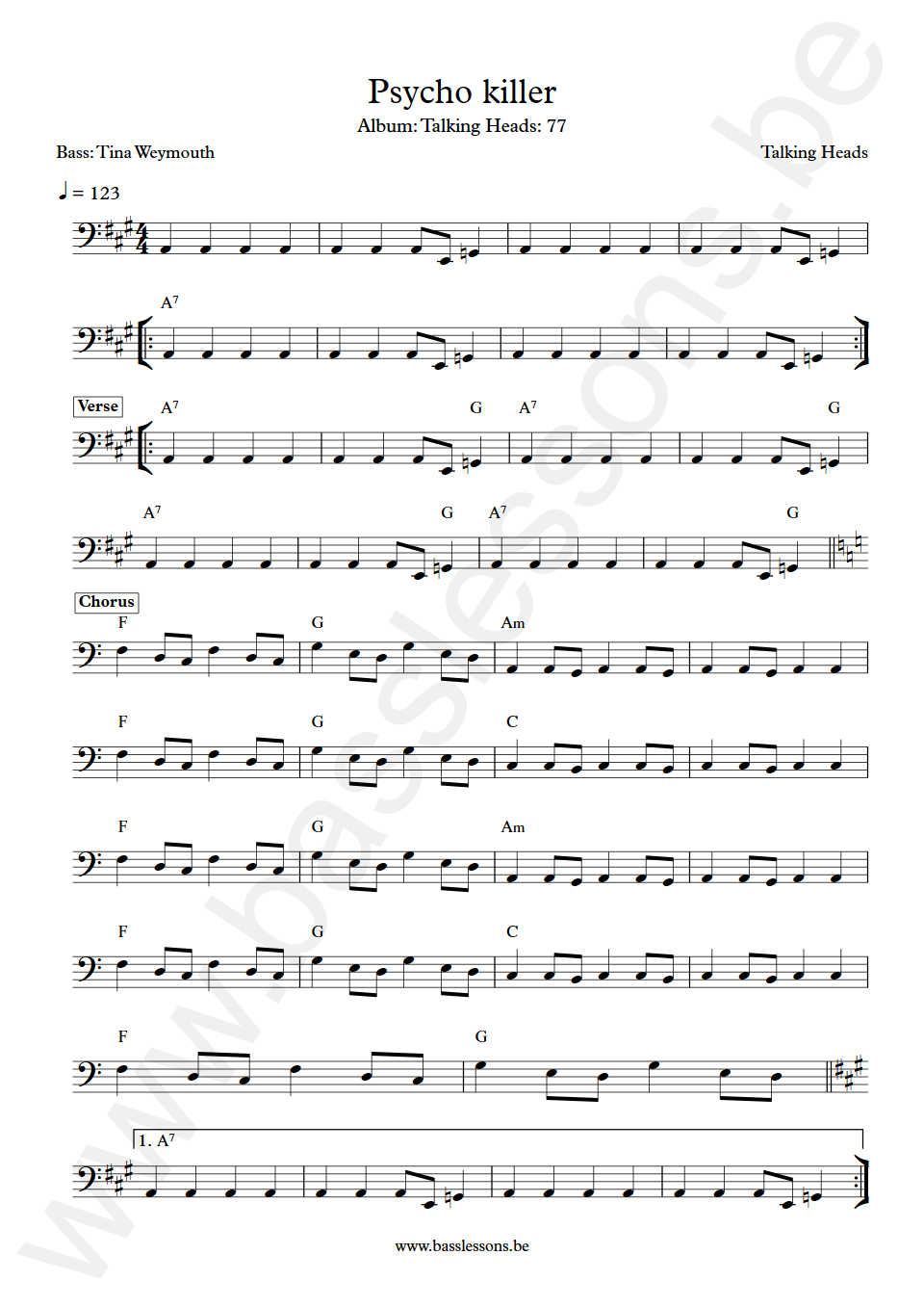 Talking Heads Psycho killer Tina Weymouth Bass Transcription