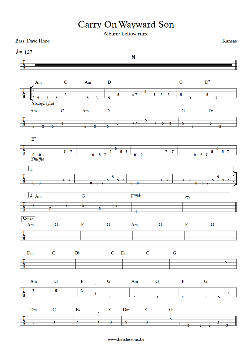 Kansas Carry On Wayward Son Dave Hope Bass Tab