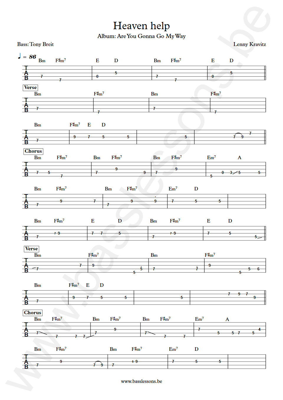 Lenny Kravitz Heaven help Tony Breit Bass 5-string Tab