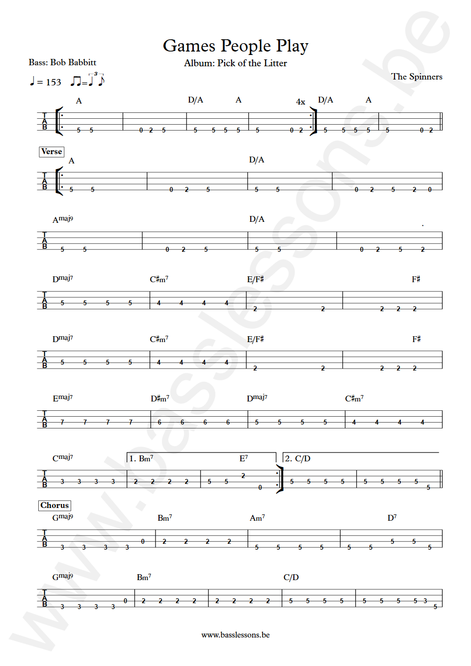 The Spinners Games People Play Bob Babbitt Bass Tab