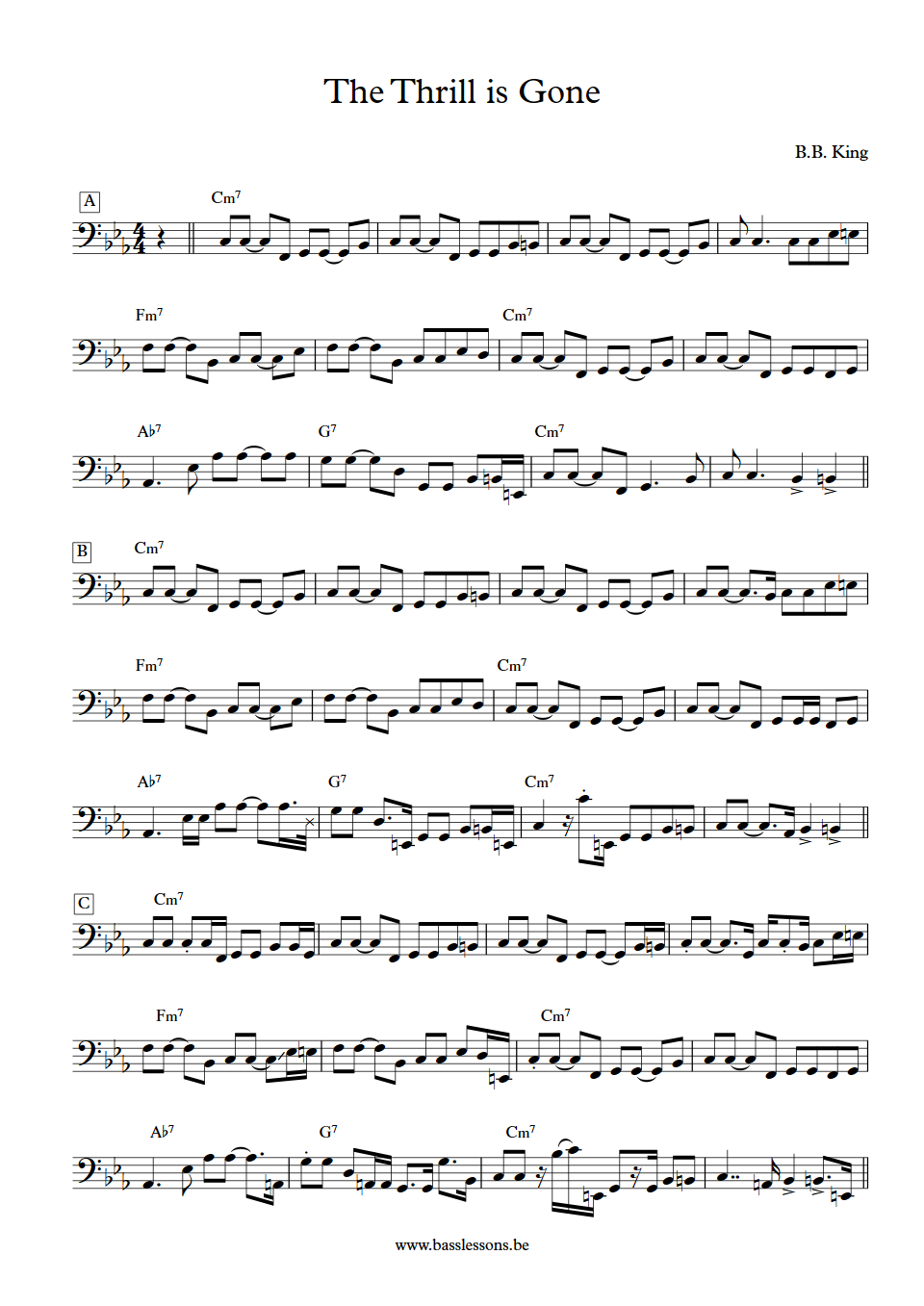BB KIng The Thrill is gone Bass transcription