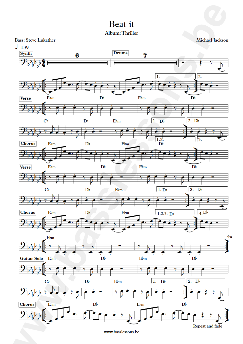 Michael Jackson Beat it Steve Lukather bass transcription