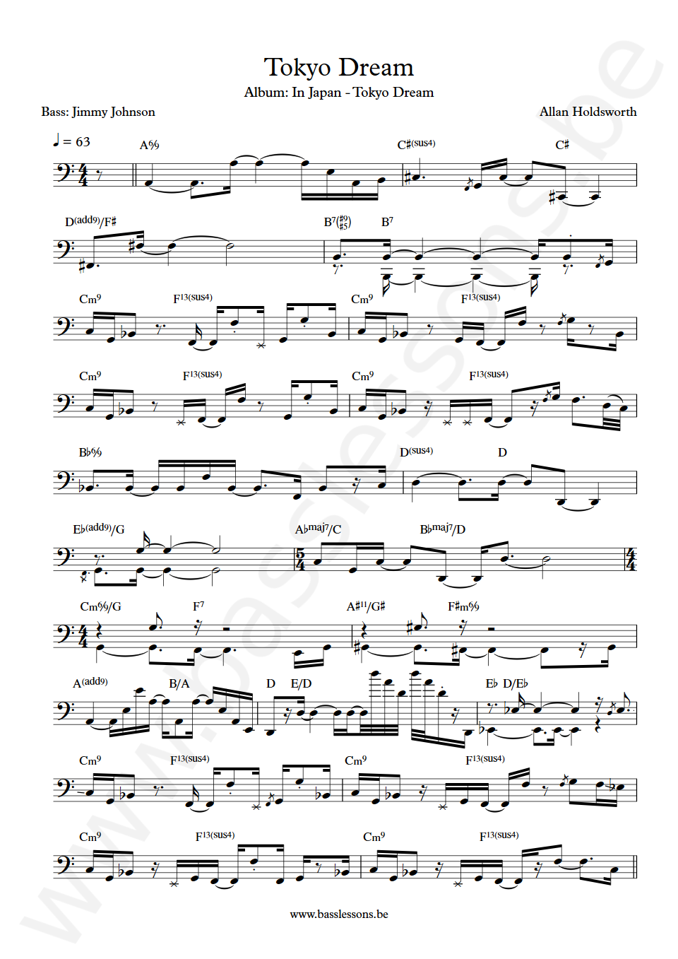 Allan Holdsworth Tokyo Dream Jimmy Johnson Bass Transcription