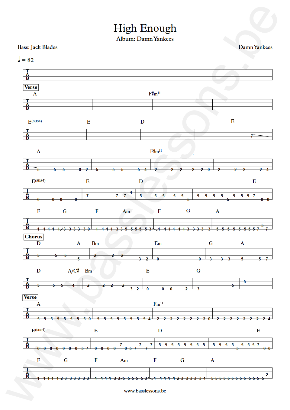 Damn Yankees High Enough Jack Blades Bass Tab