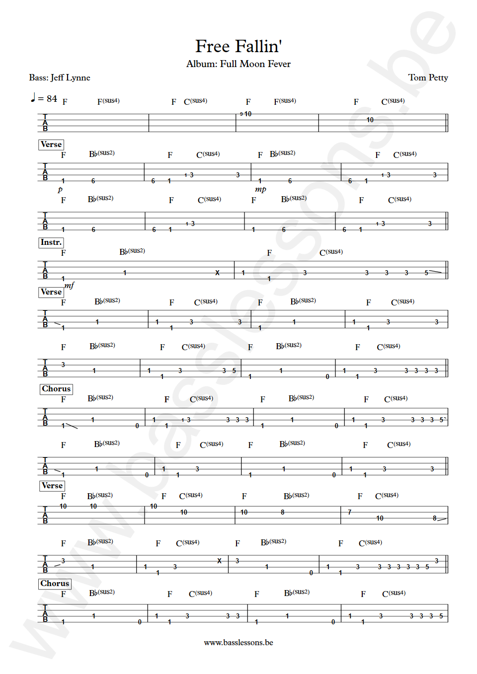 Tom Petty Free Fallin Jeff Lynne Bass Tab