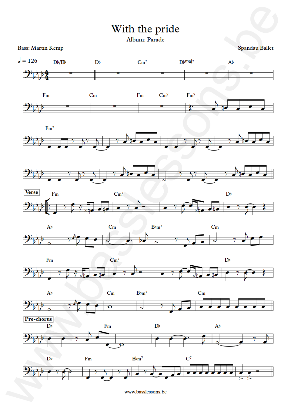 Spandau Ballet With the pride Martin Kemp Bass Transcription